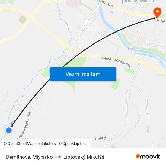 Demänová, Mlynisko to Liptovský Mikuláš map