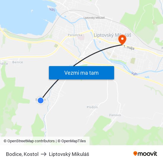 Bodice, Kostol to Liptovský Mikuláš map