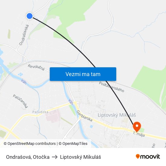 Ondrašová, Otočka to Liptovský Mikuláš map