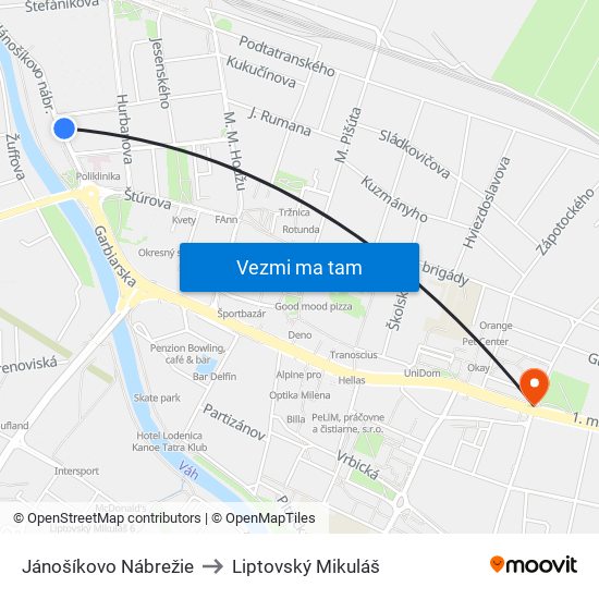 Jánošíkovo Nábrežie to Liptovský Mikuláš map