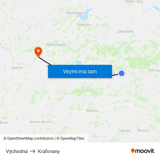 Východná to Kraľovany map