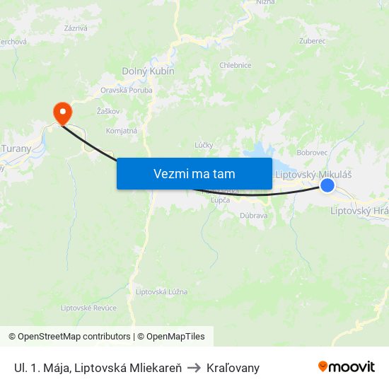 Ul. 1. Mája, Liptovská Mliekareň to Kraľovany map