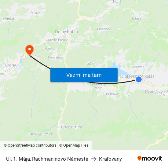 Ul. 1. Mája, Rachmaninovo Námeste to Kraľovany map