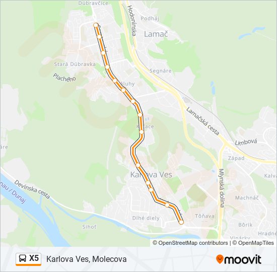 X5 autobus Mapa linky