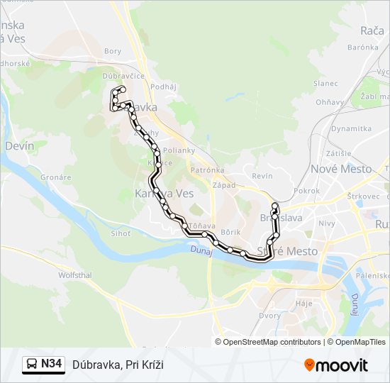 N34 autobus Mapa linky