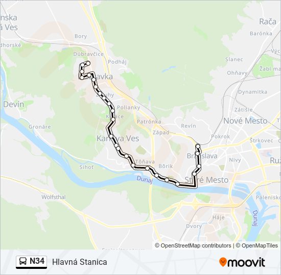 N34 autobus Mapa linky