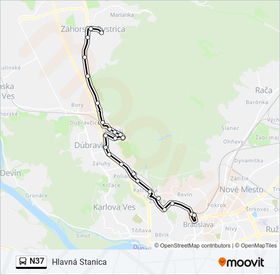 N37 autobus Mapa linky