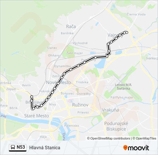 N53 autobus Mapa linky
