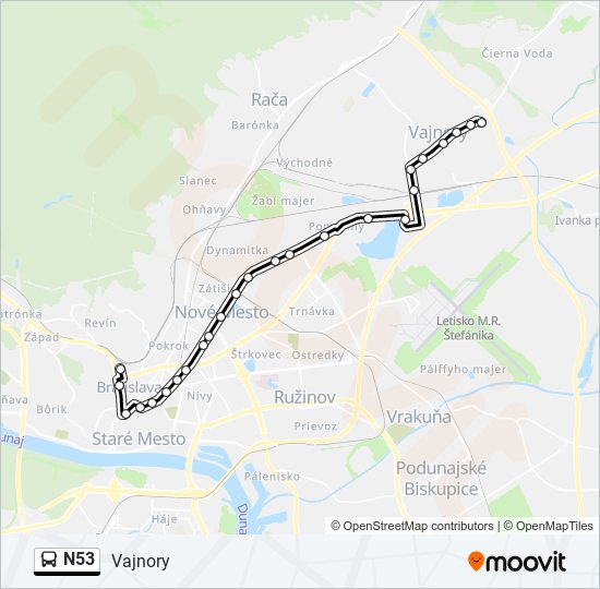 N53 autobus Mapa linky