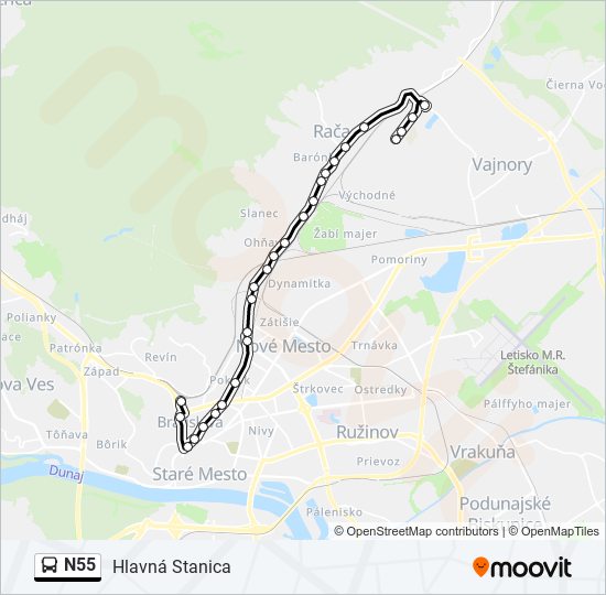 N55 autobus Mapa linky