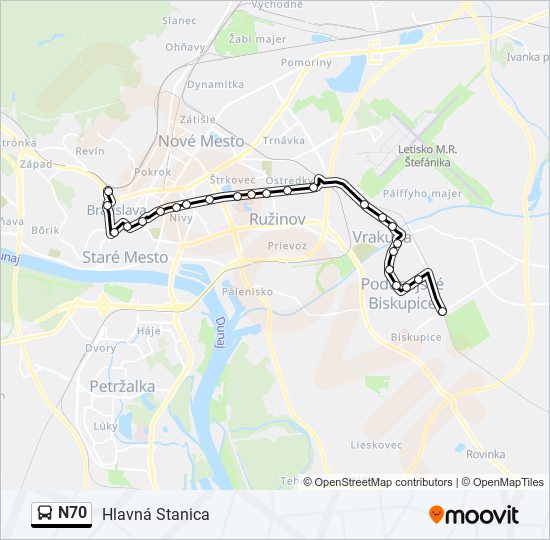 N70 autobus Mapa linky