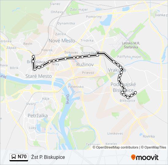N70 autobus Mapa linky