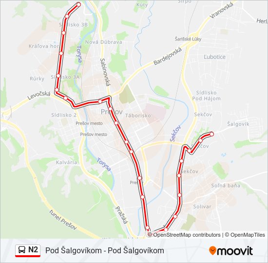 N2 autobus Mapa linky