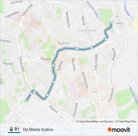 R1 električka Mapa linky