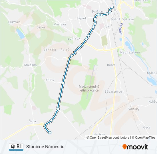 R1 električka Mapa linky