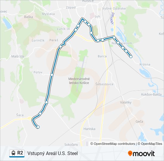 R2 električka Mapa linky