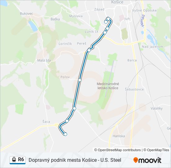 R6 električka Mapa linky