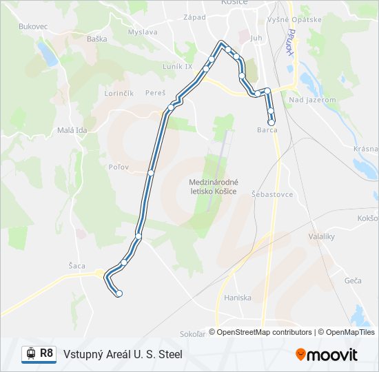 R8 električka Mapa linky