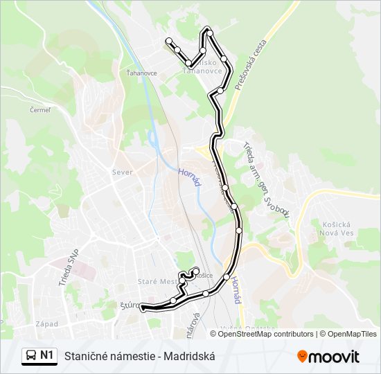 N1 autobus Mapa linky