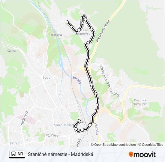 N1 autobus Mapa linky