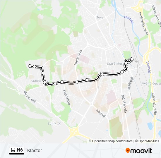 N6 autobus Mapa linky