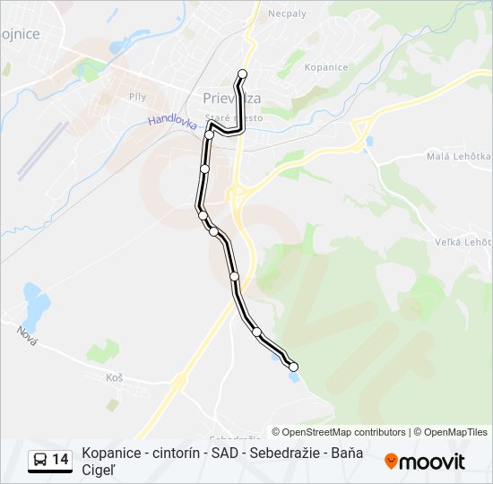 14 autobus Mapa linky