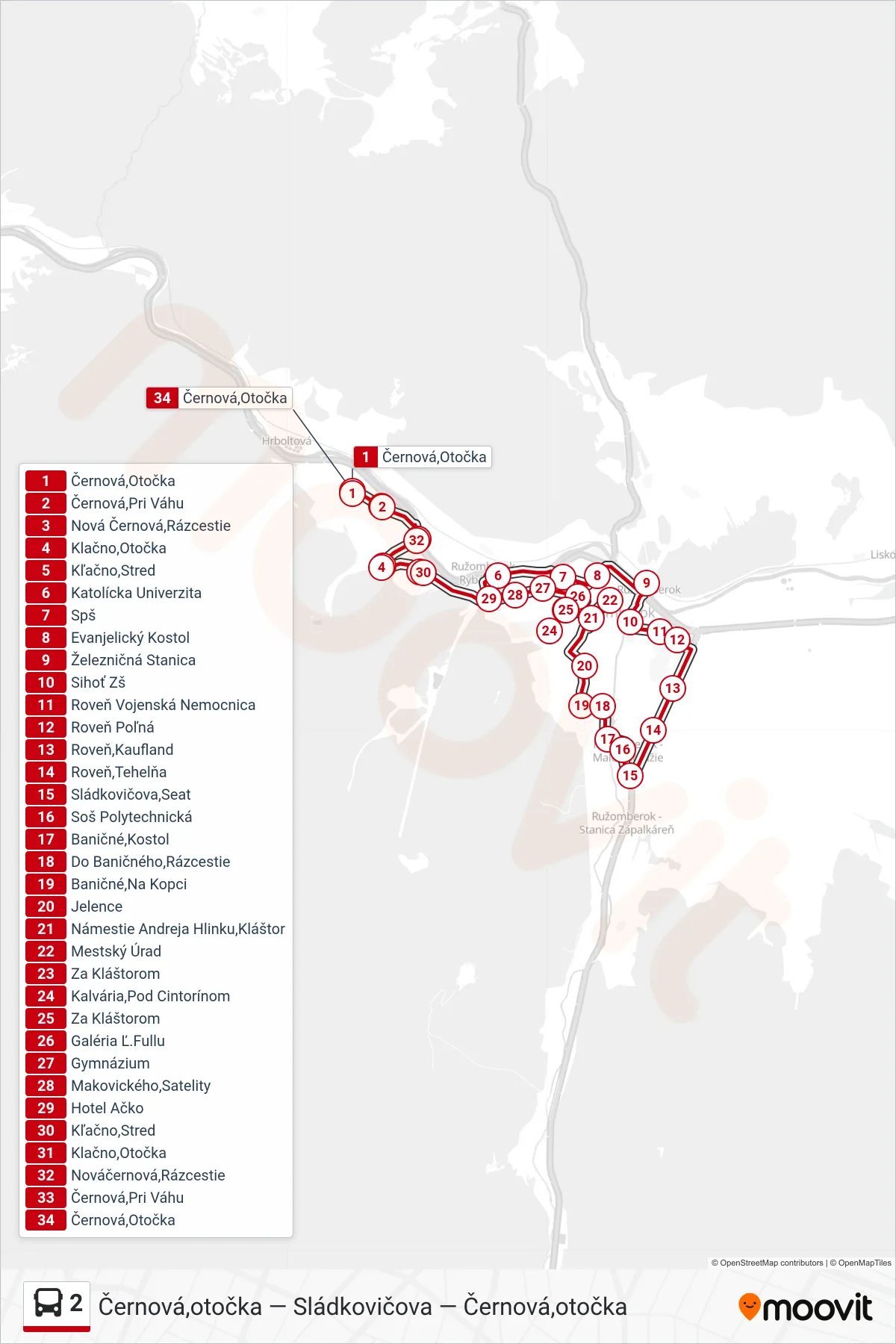Trasa linky 2 autobus (Černová,Otočka) a zastávky na mape