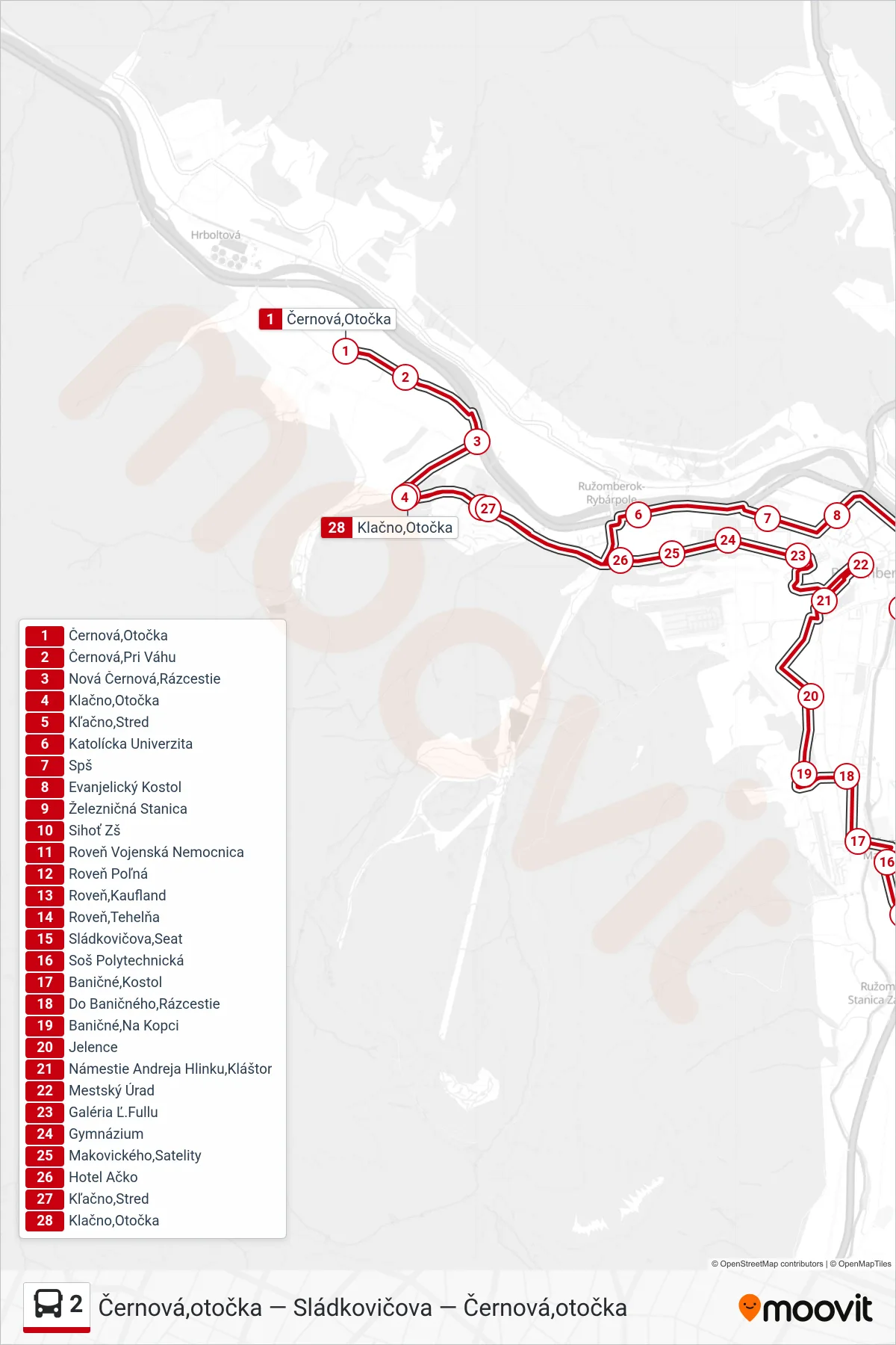2 bus Line (Klačno,Otočka) route and stops on a map
