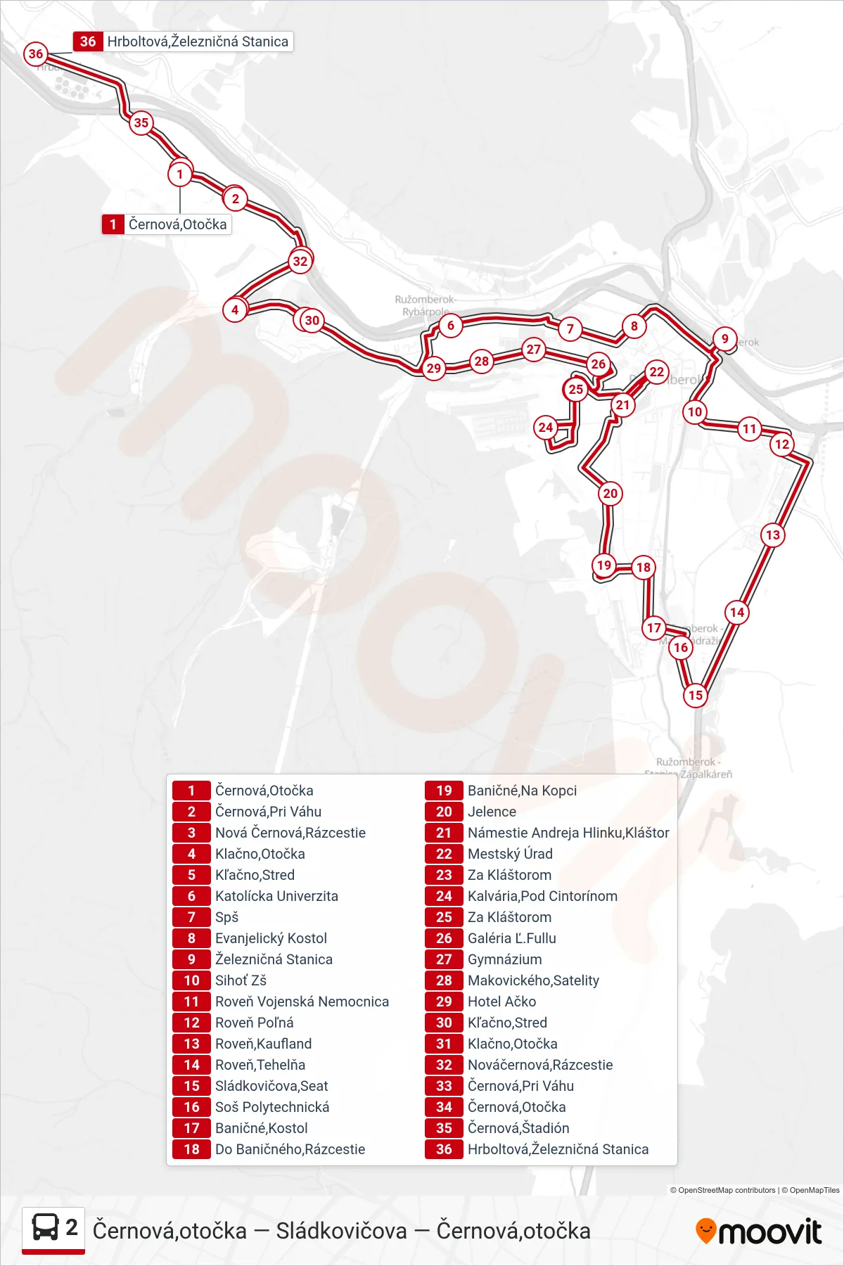 2 bus Line (Hrboltová,Železničná Stanica) route and stops on a map