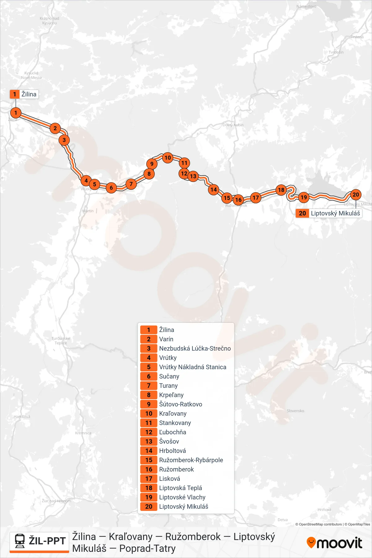 ŽIL-PPT rail Line (Os 3429 Liptovský Mikuláš) route and stops on a map