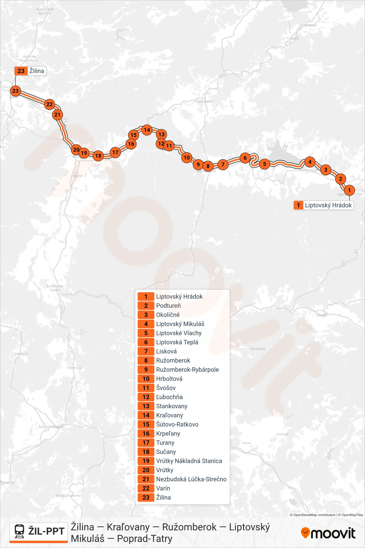 ŽIL-PPT rail Line (Os 3420 Žilina) route and stops on a map