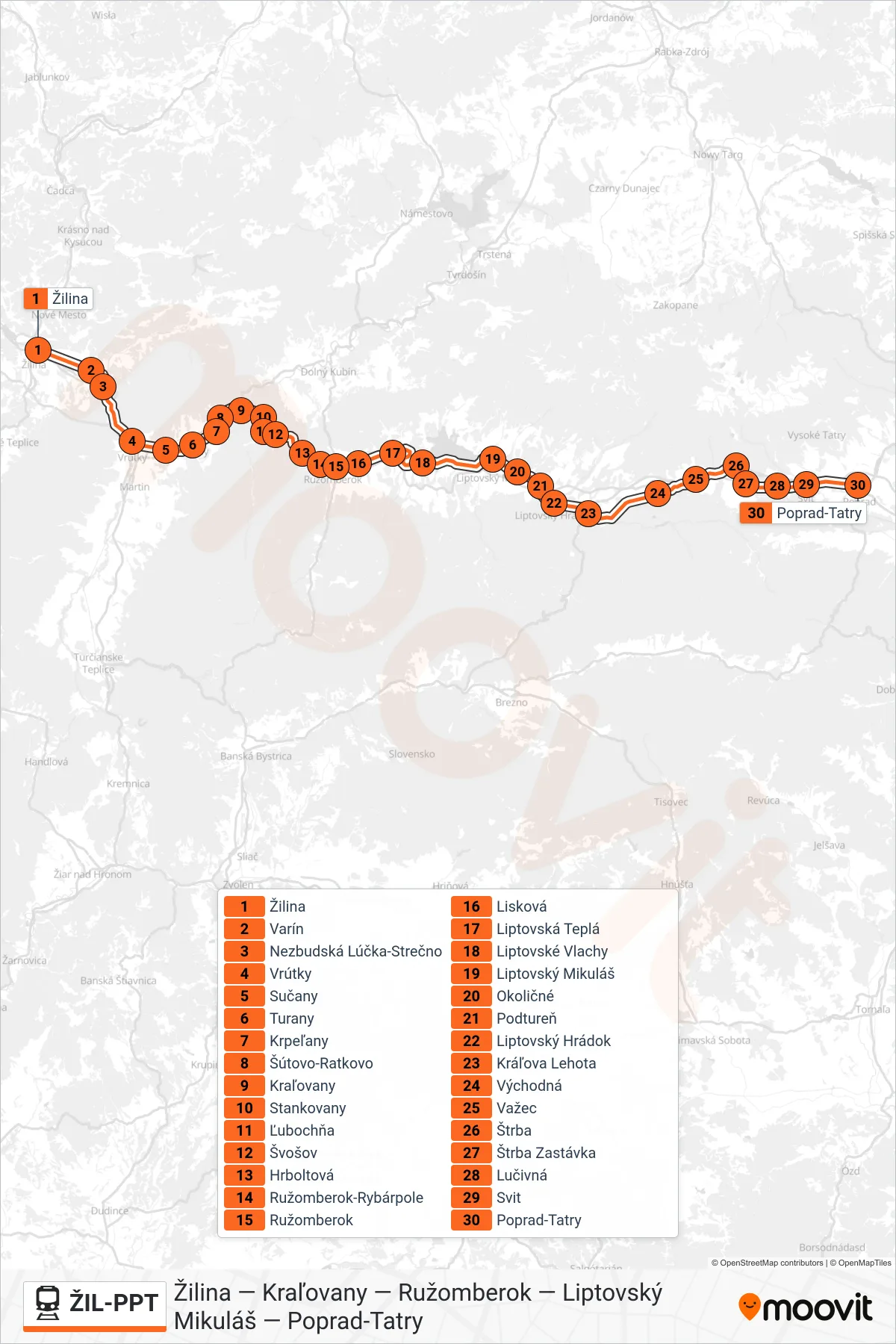ŽIL-PPT rail Line (Os 3423 Poprad-Tatry) route and stops on a map