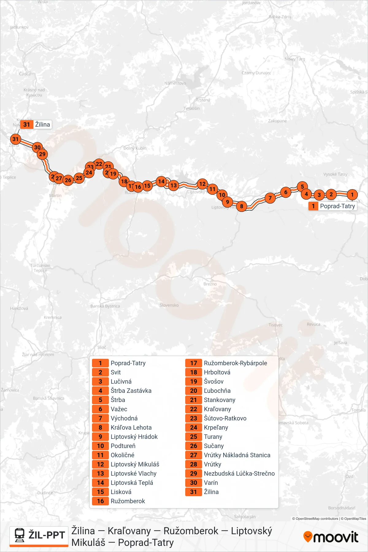 ŽIL-PPT rail Line (Os 3428 Žilina) route and stops on a map