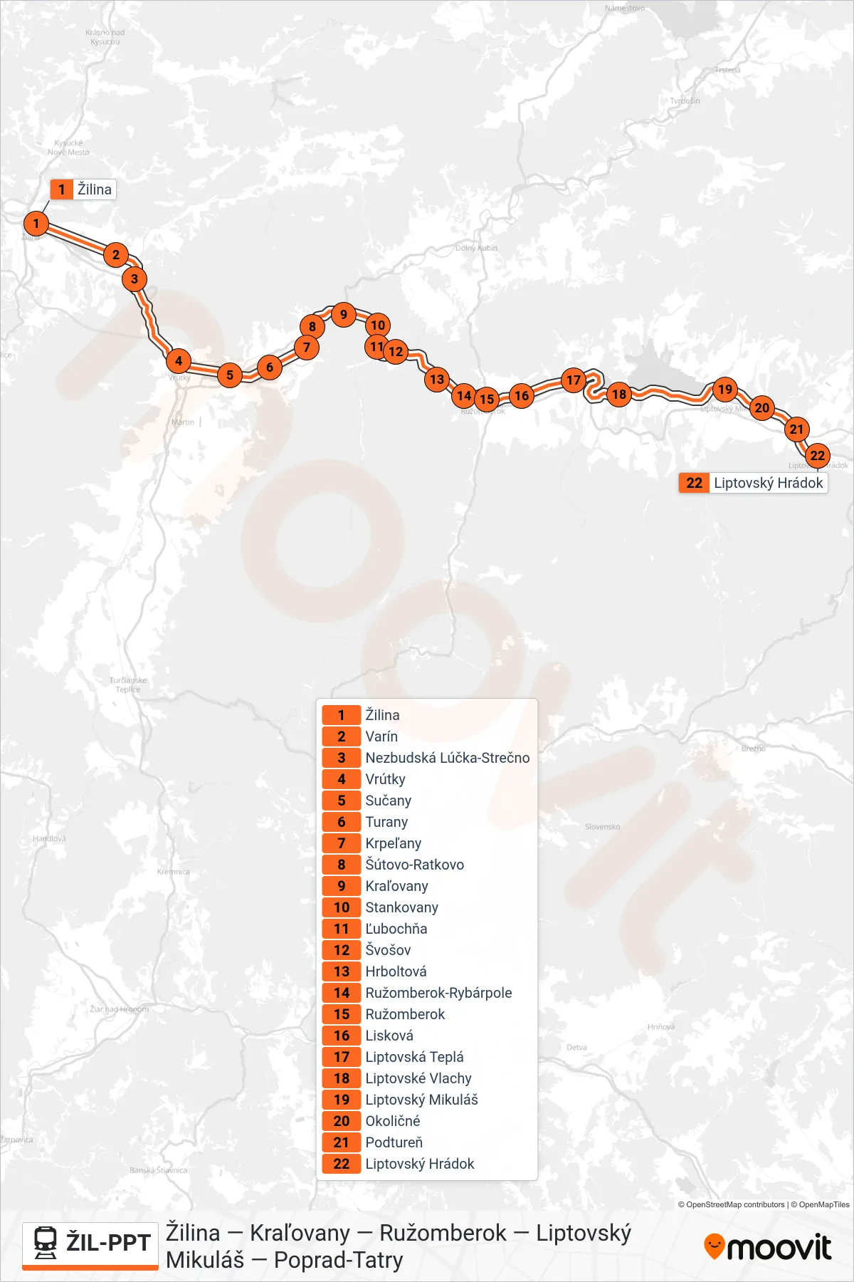ŽIL-PPT rail Line (Os 3405 Liptovský Hrádok) route and stops on a map