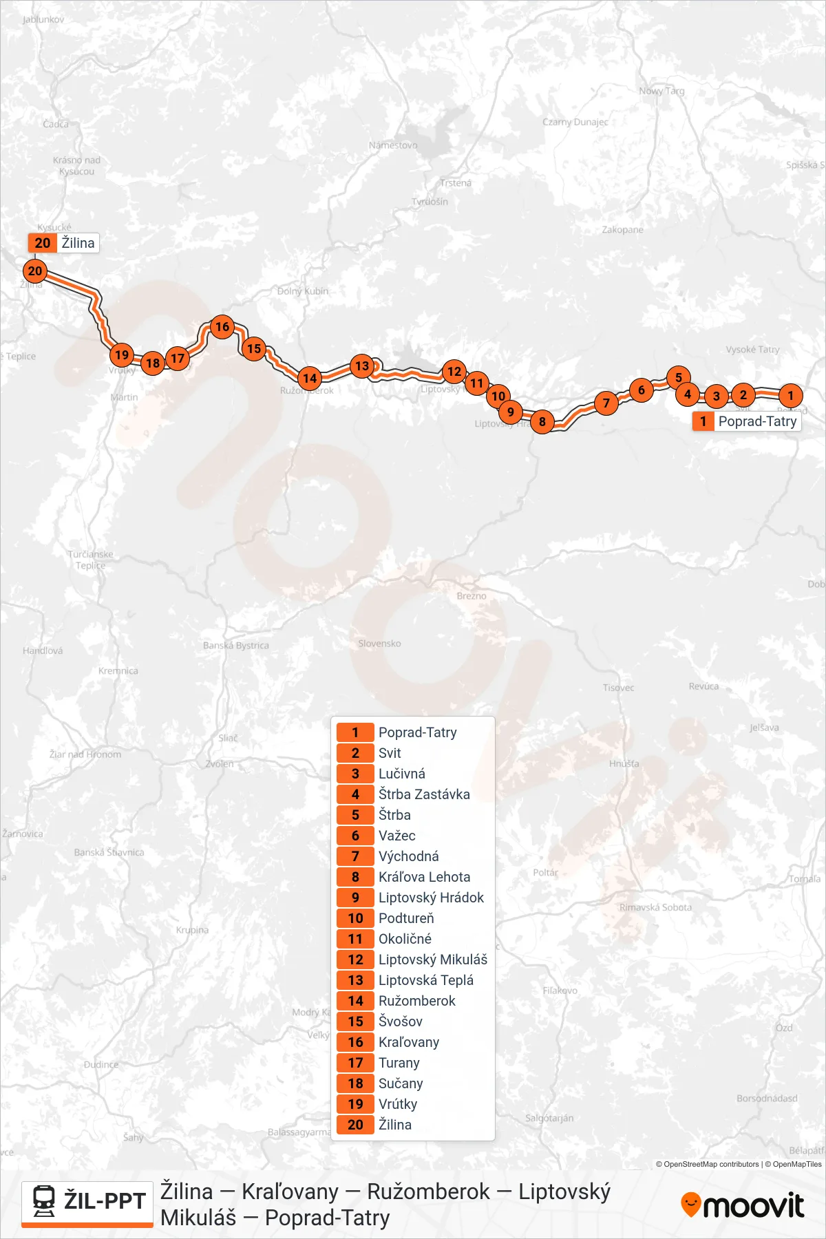 ŽIL-PPT rail Line (Rex 1750 Žilina "Budatin") route and stops on a map