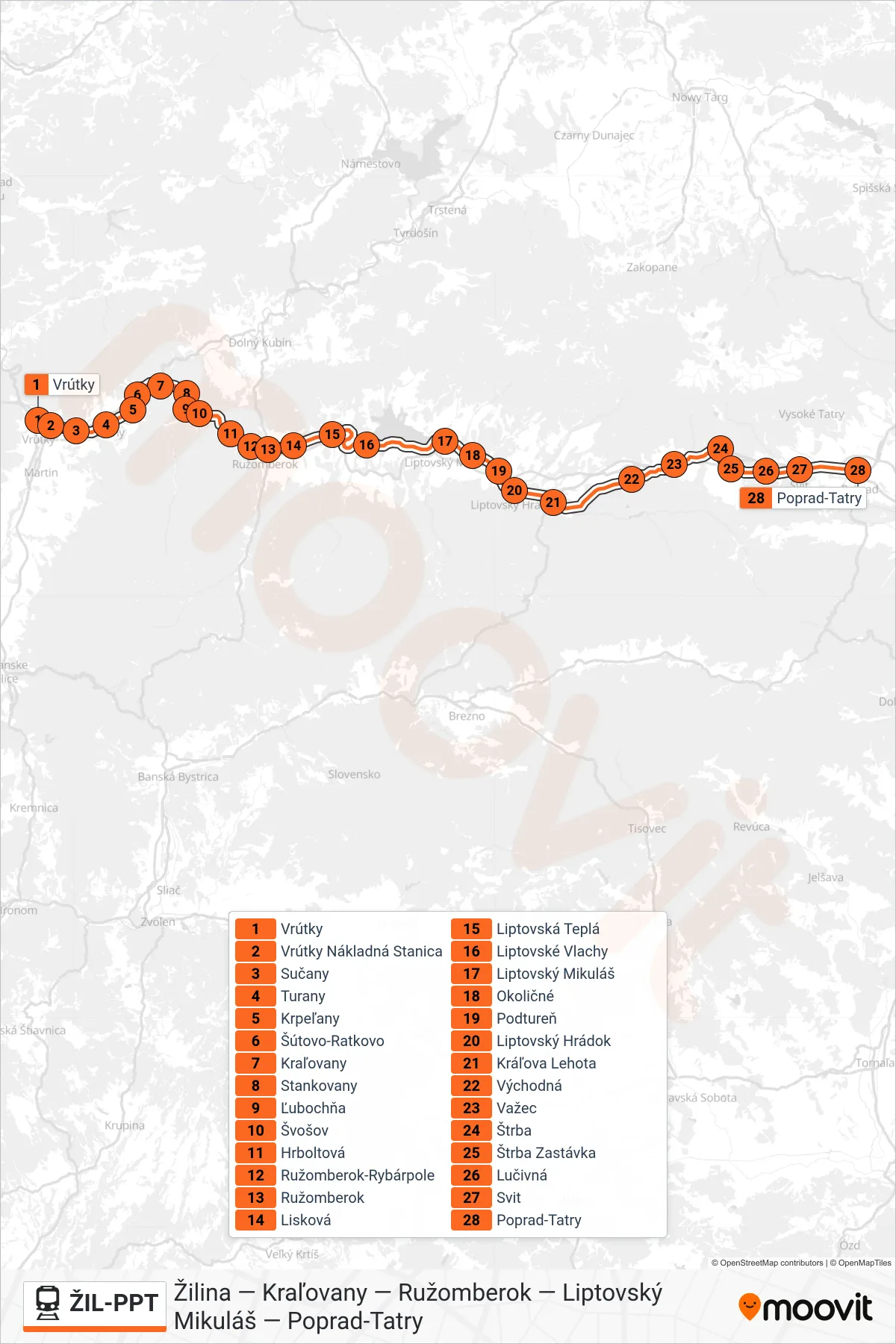 ŽIL-PPT rail Line (Os 3453 Poprad-Tatry) route and stops on a map