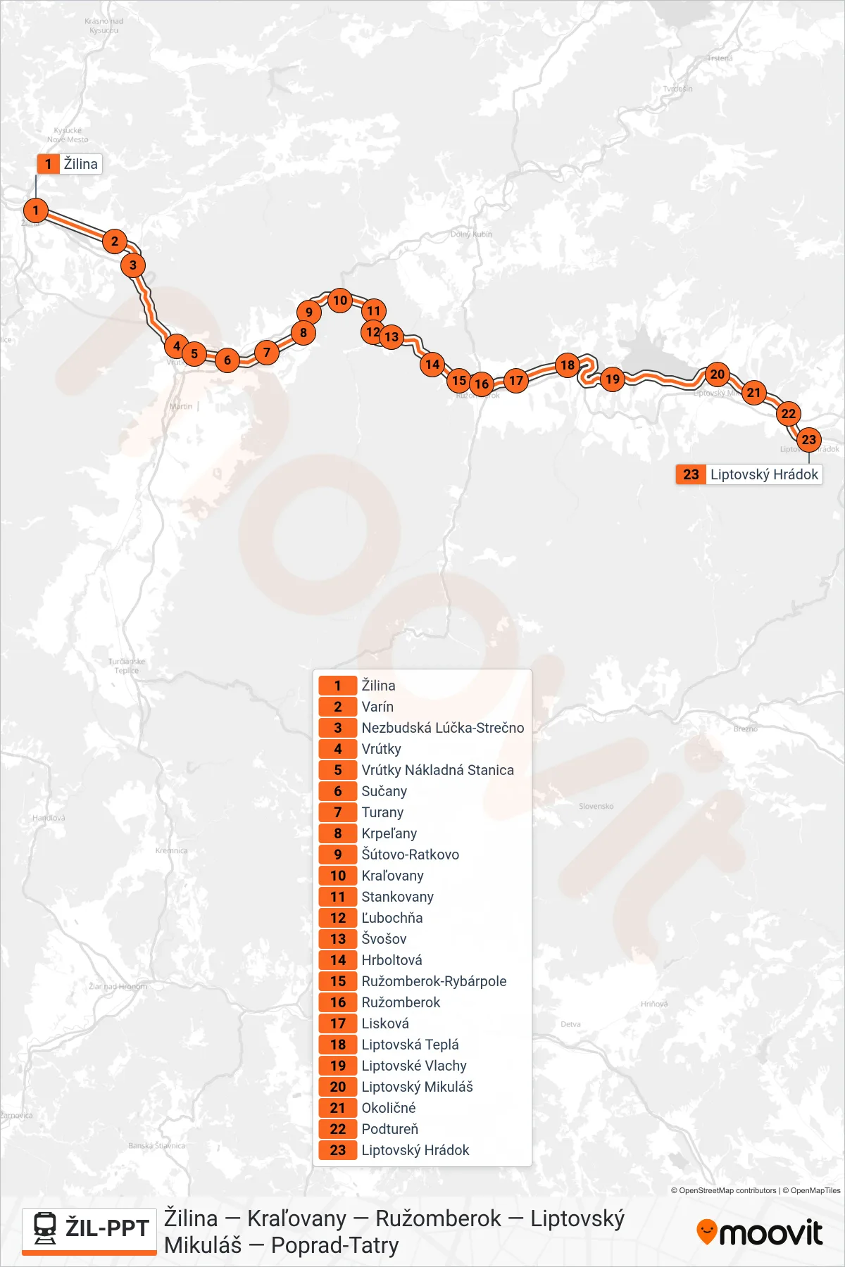 ŽIL-PPT rail Line (Os 3425 Liptovský Hrádok) route and stops on a map