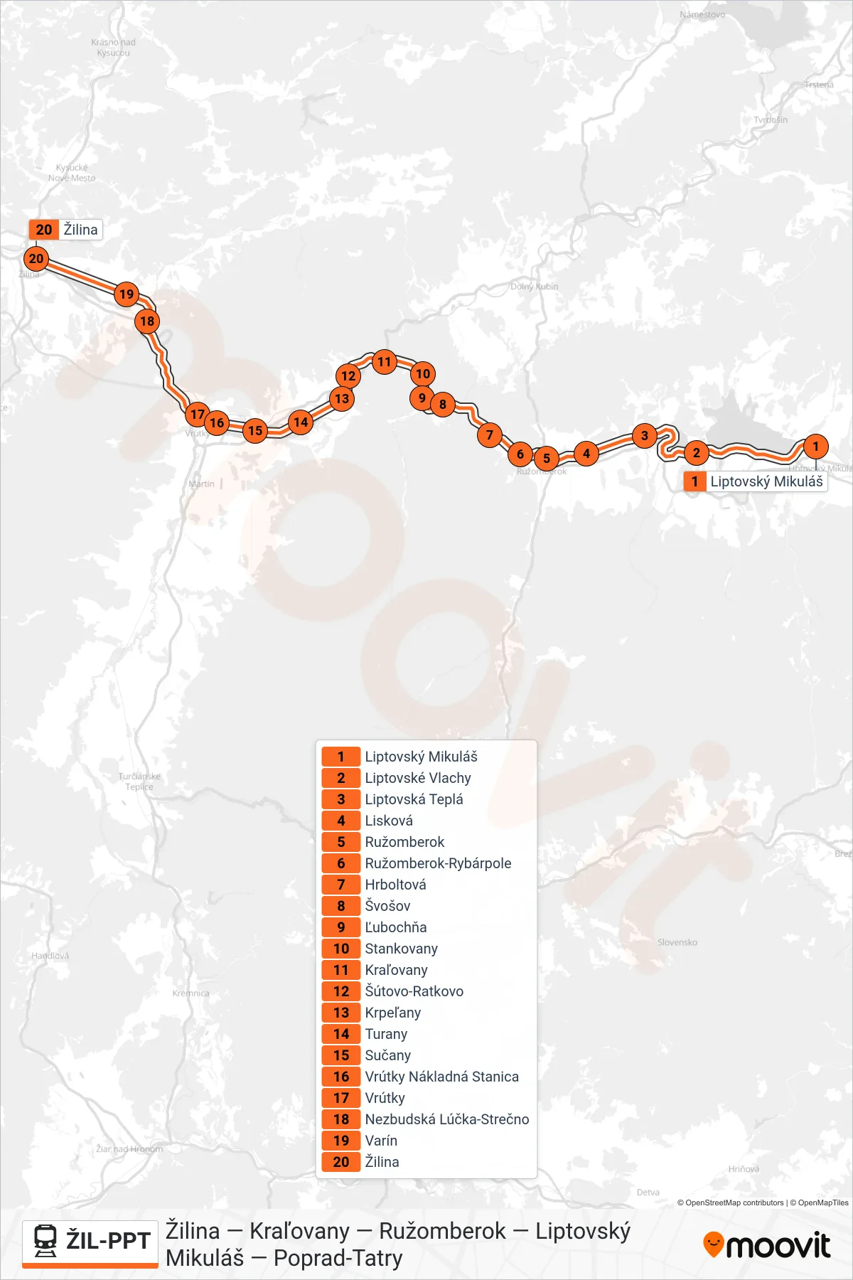 ŽIL-PPT rail Line (Os 3408 Žilina) route and stops on a map