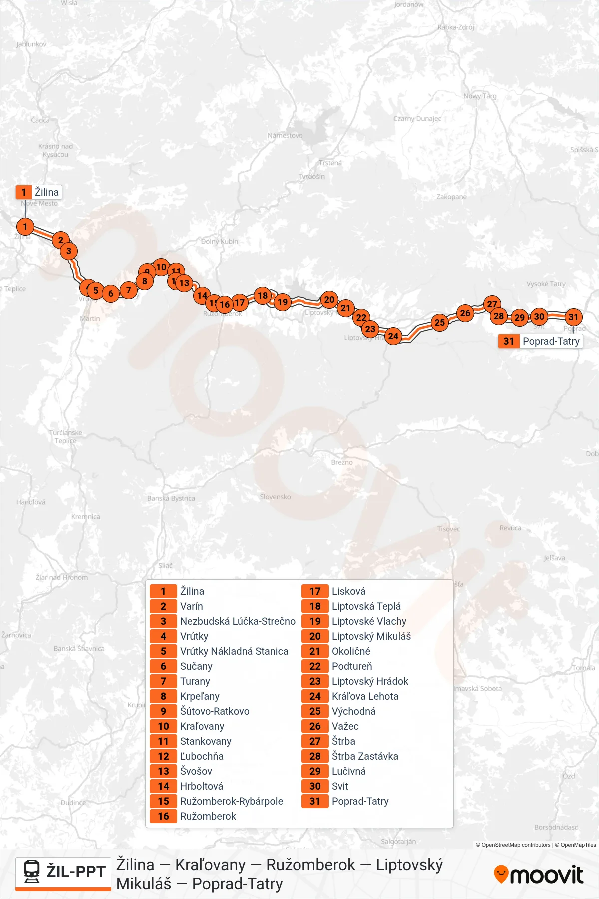 ŽIL-PPT rail Line (Os 3421 Poprad-Tatry) route and stops on a map