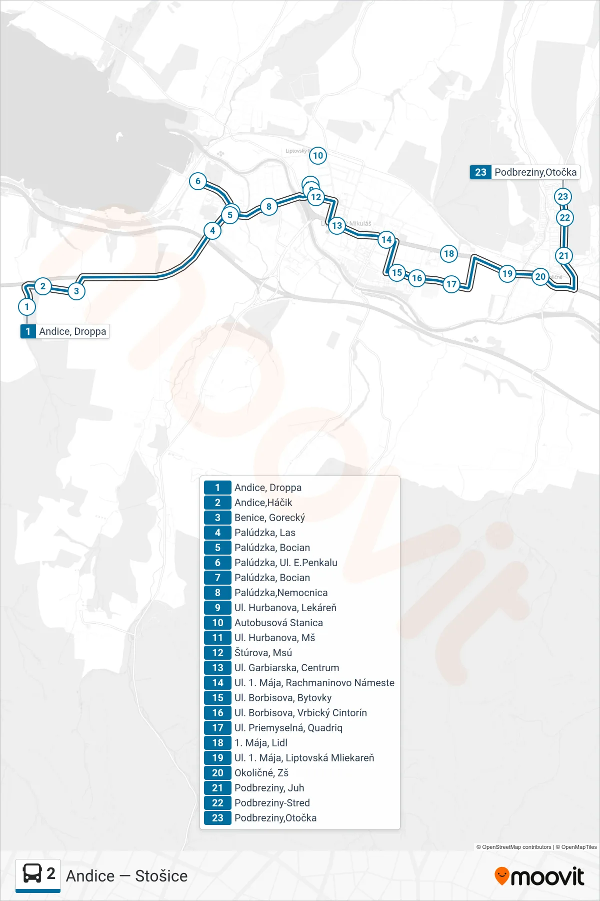 2 bus Line (Podbreziny,Otočka) route and stops on a map