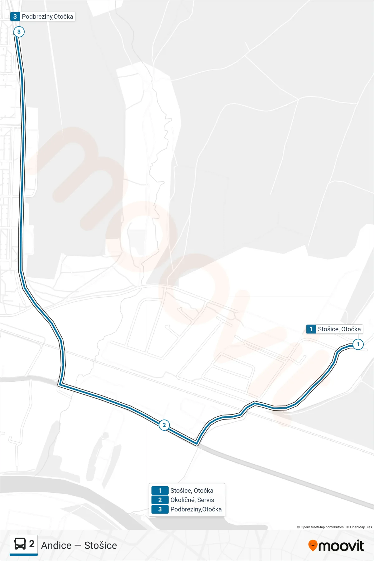 2 bus Line (Podbreziny,Otočka) route and stops on a map