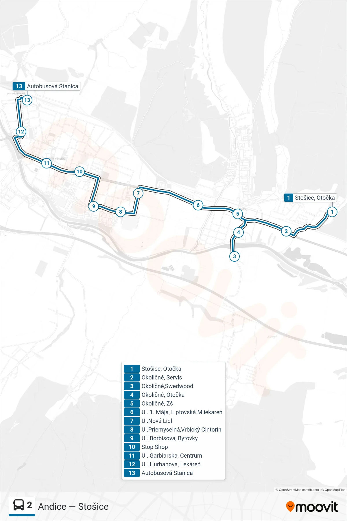 2 bus Line (Autobusová Stanica) route and stops on a map