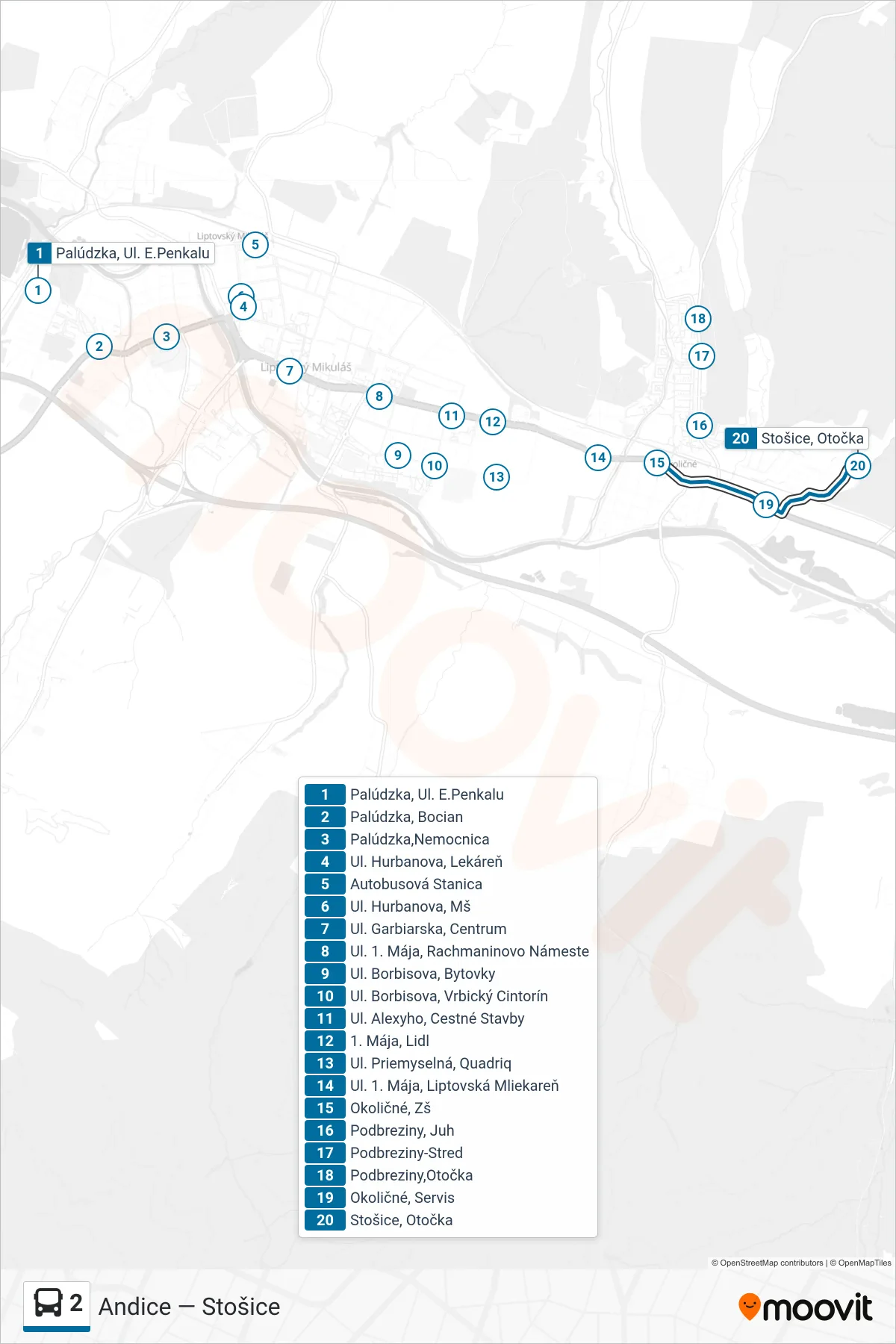 2 bus Line (Stošice, Otočka) route and stops on a map