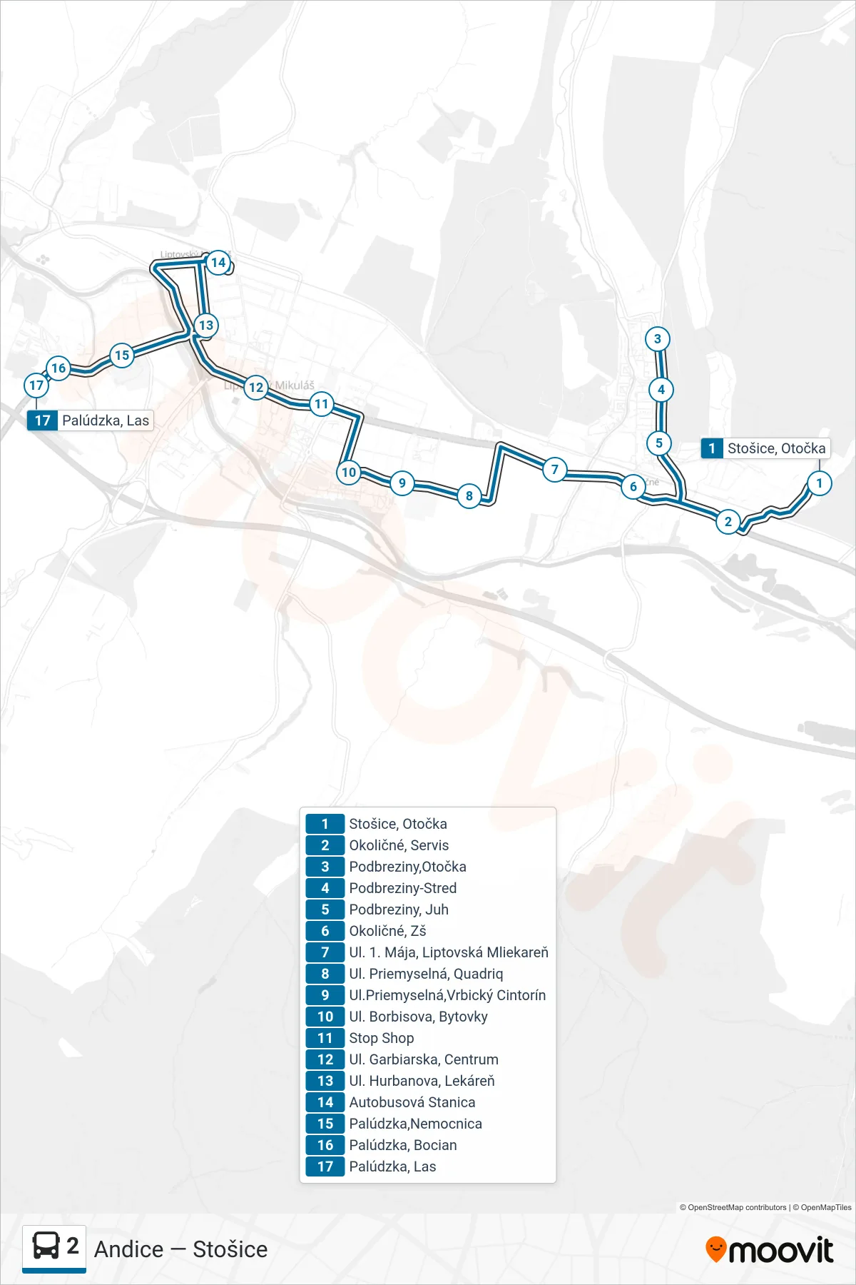 2 bus Line (Palúdzka, Las) route and stops on a map
