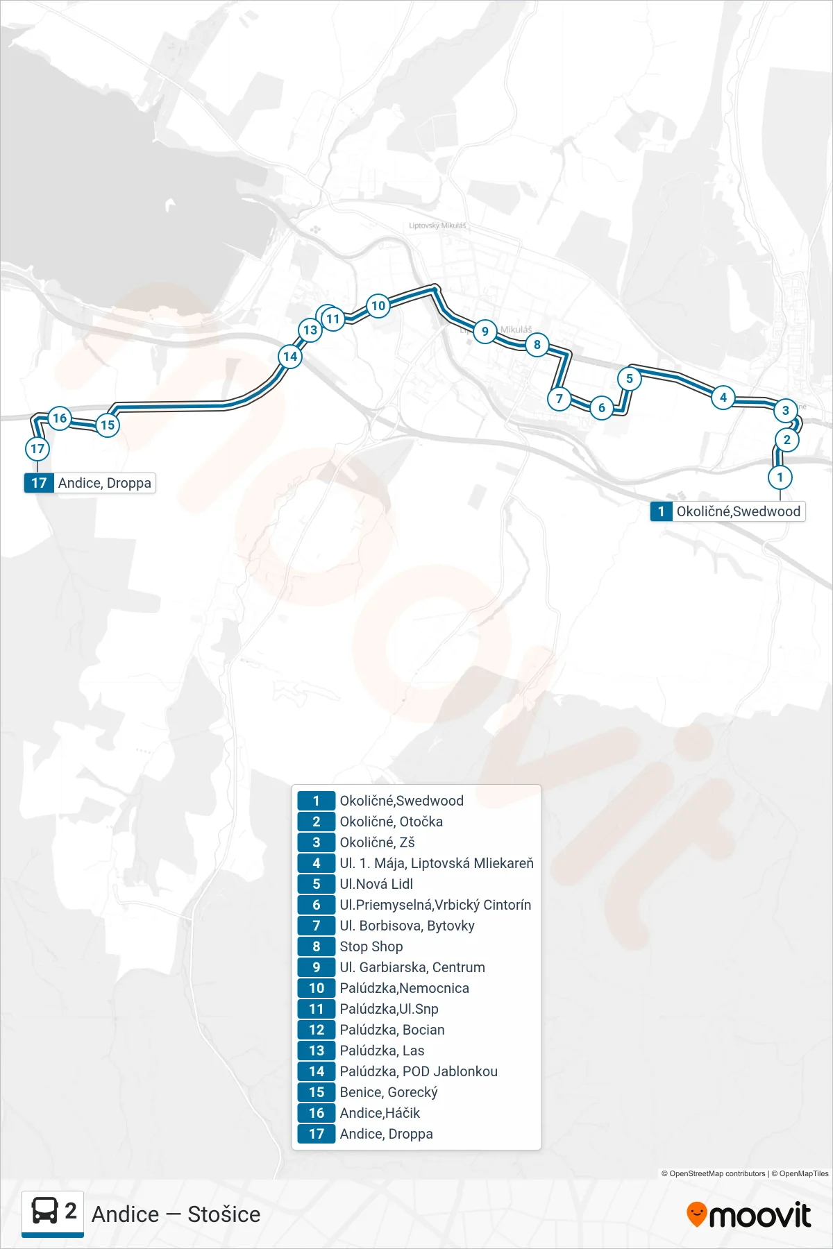 2 bus Line (Andice, Droppa) route and stops on a map