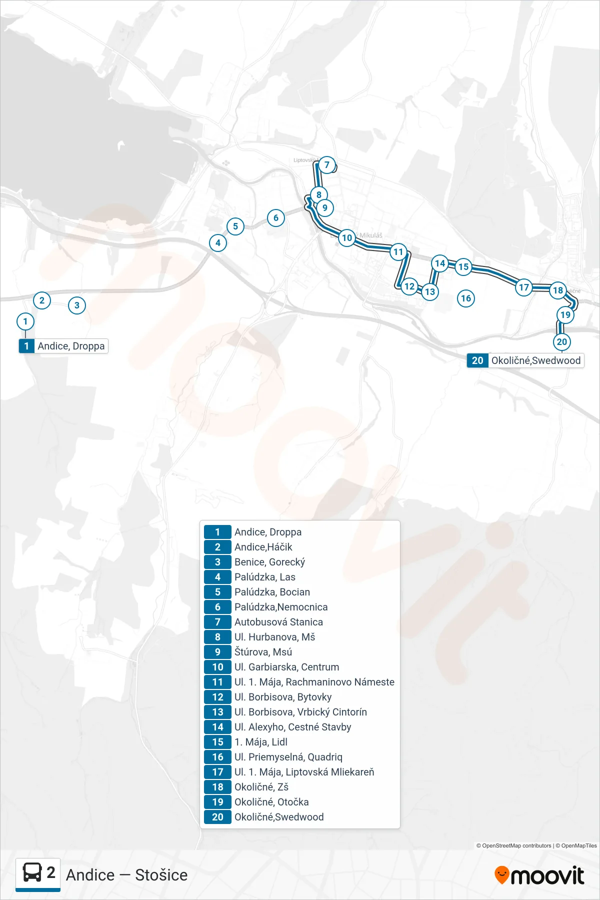Trasa linky 2 autobus (Okoličné, Swedwood) a zastávky na mape