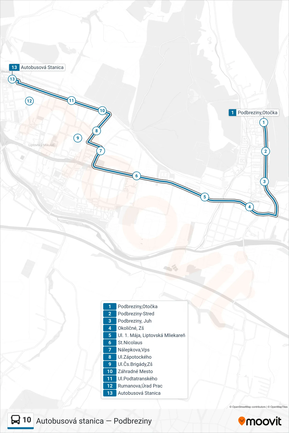 10 bus Line (Autobusová Stanica) route and stops on a map