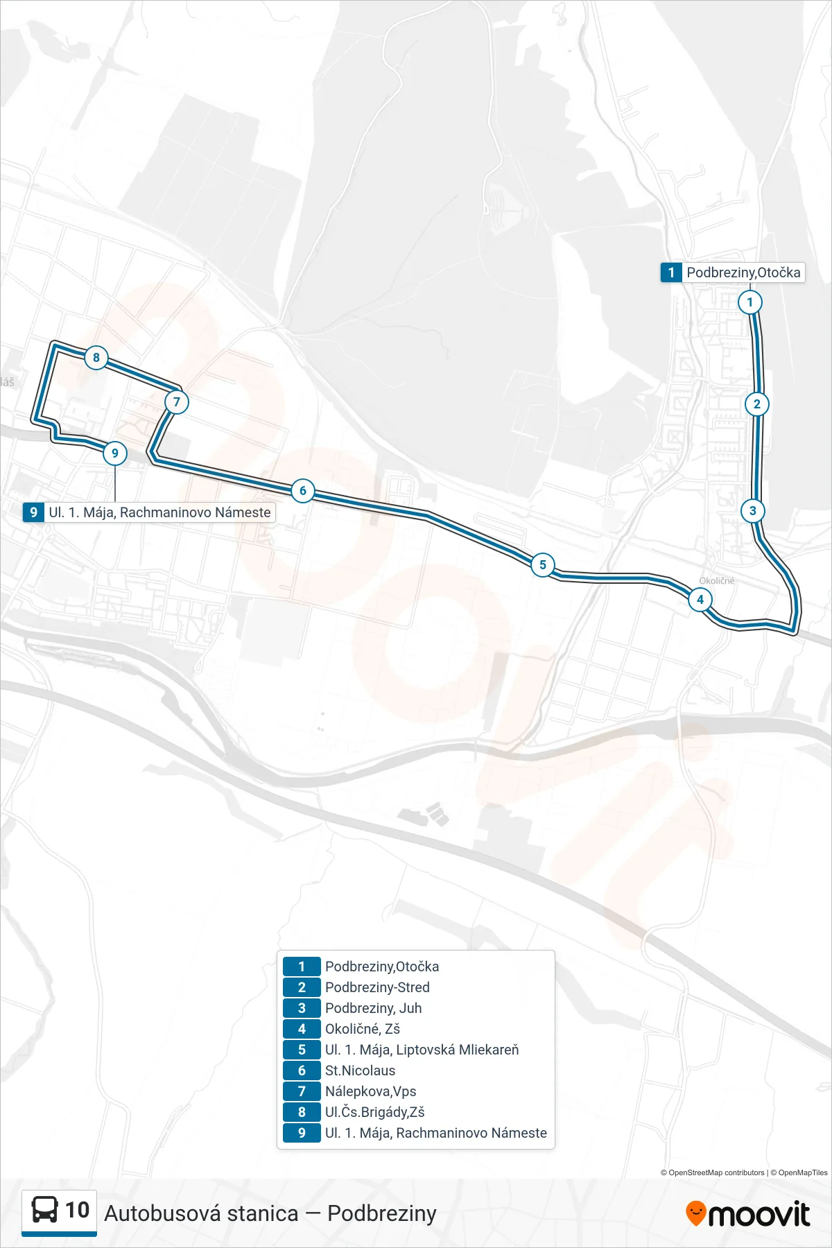 10 bus Line (Rachmaninovo Námeste) route and stops on a map