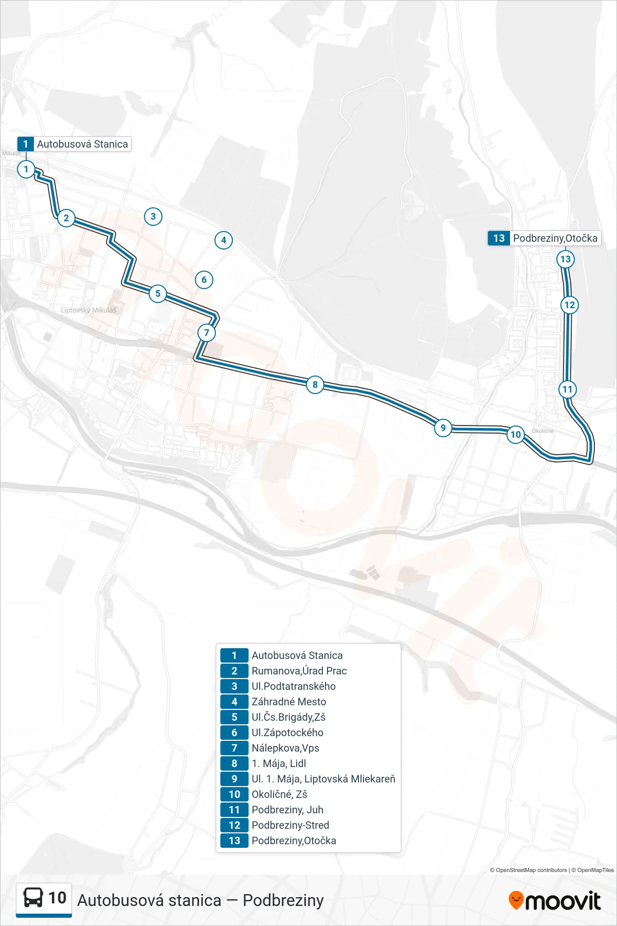 10 bus Line (Podbreziny,Otočka) route and stops on a map