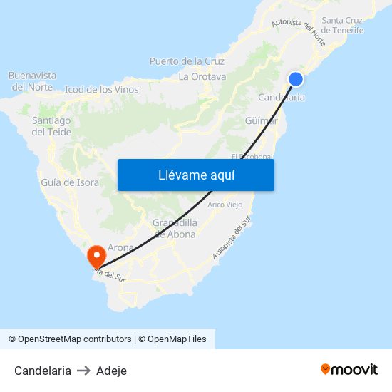 Candelaria to Adeje map